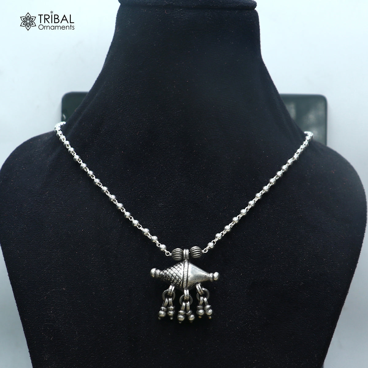 long Vintage traditional style 925 sterling silver beaded chain amulet style necklace, choker tribal jewelry set924