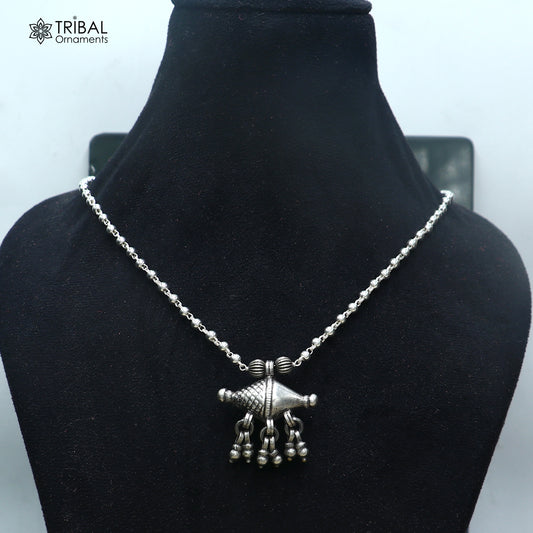 Vintage tribal style 925 sterling silver beaded chain necklace with amulet pendant, shown as a traditional choker jewelry set.