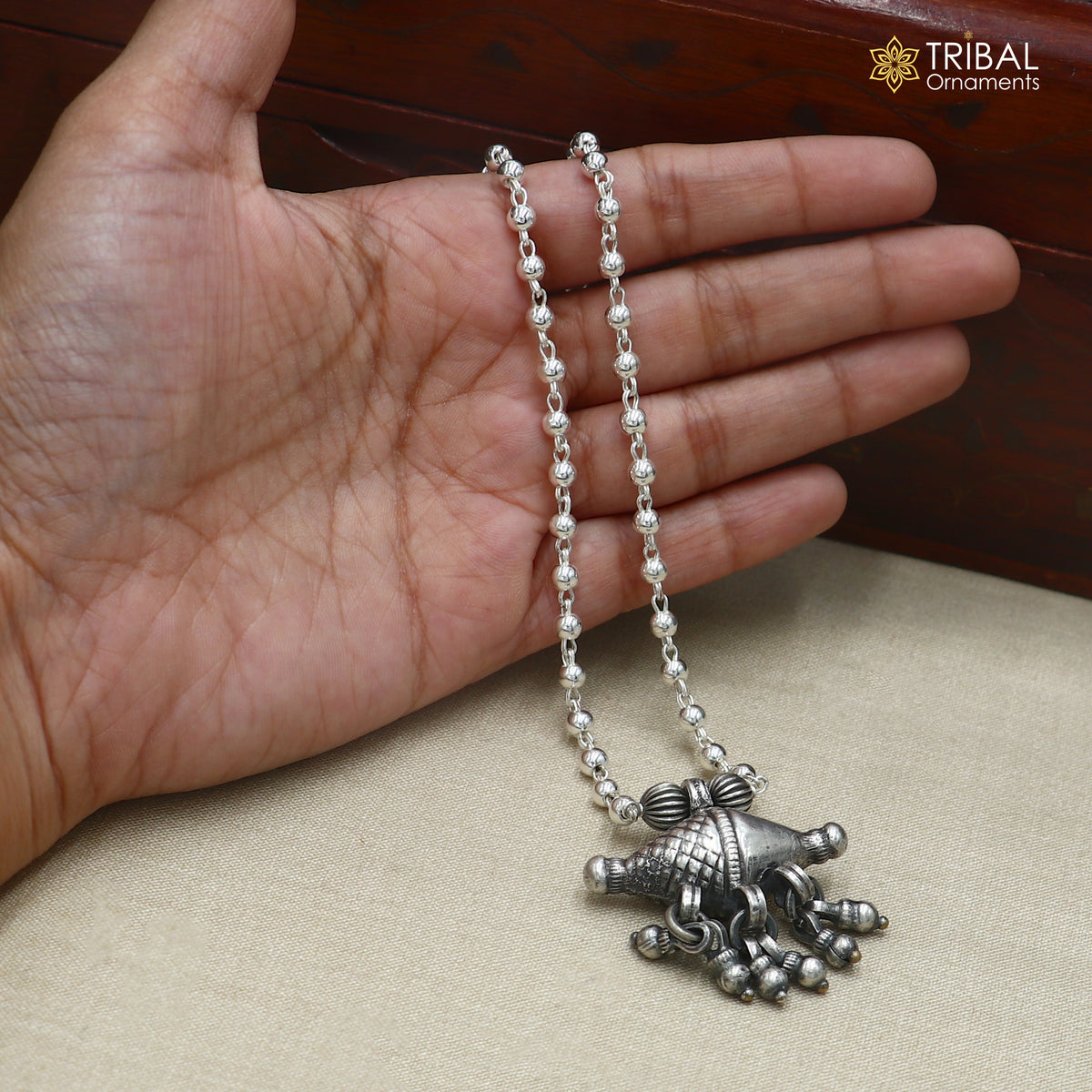 long Vintage traditional style 925 sterling silver beaded chain amulet style necklace, choker tribal jewelry set924