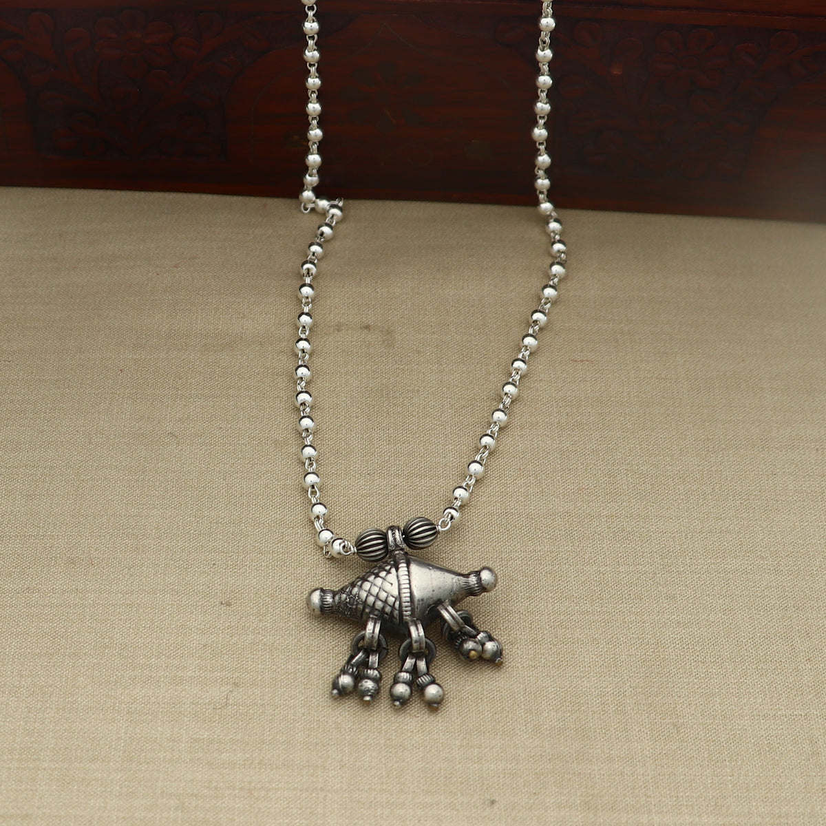 long Vintage traditional style 925 sterling silver beaded chain amulet style necklace, choker tribal jewelry set924