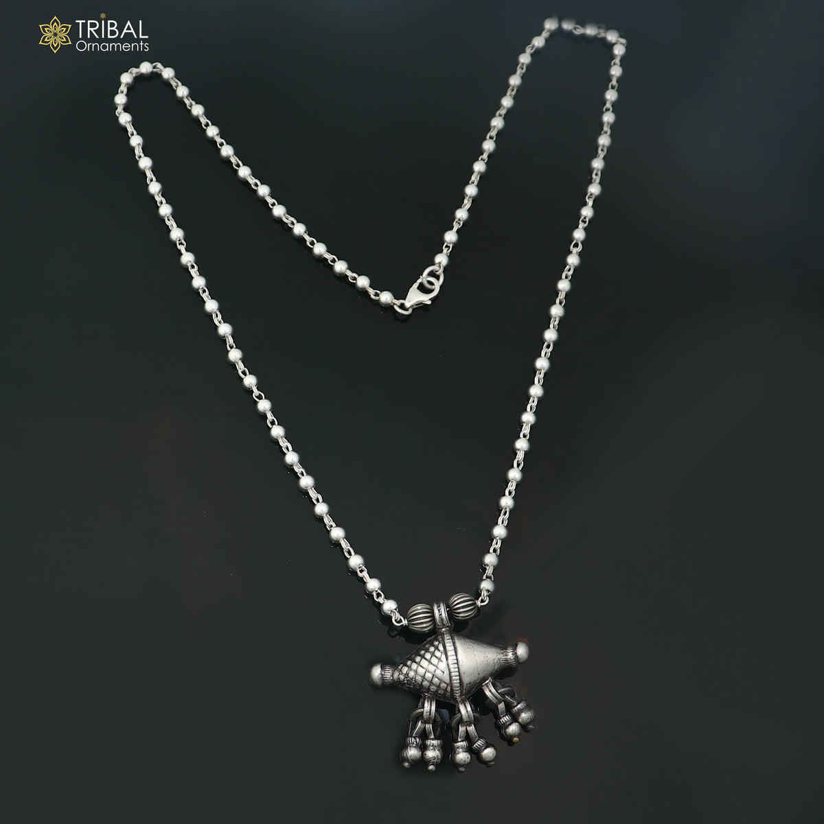 long Vintage traditional style 925 sterling silver beaded chain amulet style necklace, choker tribal jewelry set924
