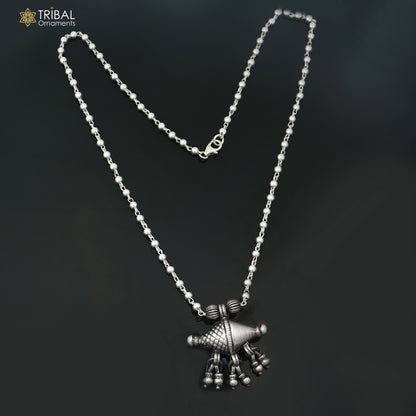 long Vintage traditional style 925 sterling silver beaded chain amulet style necklace, choker tribal jewelry set924