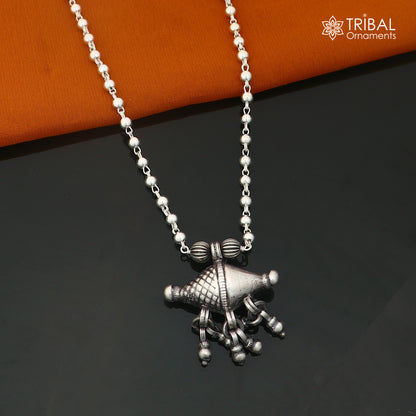 long Vintage traditional style 925 sterling silver beaded chain amulet style necklace, choker tribal jewelry set924