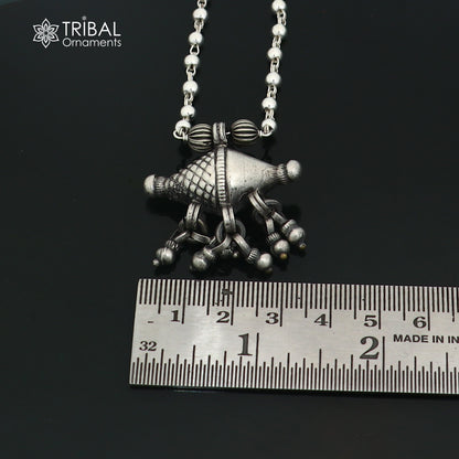 long Vintage traditional style 925 sterling silver beaded chain amulet style necklace, choker tribal jewelry set924