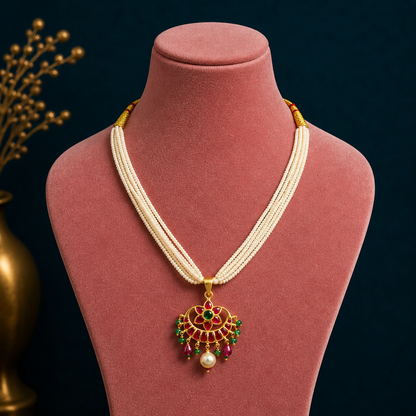 Sterling silver jewelry set with green and red kundan pendant, trendy necklace with multiline pearl strings, by TRIBAL ORNAMENTS.