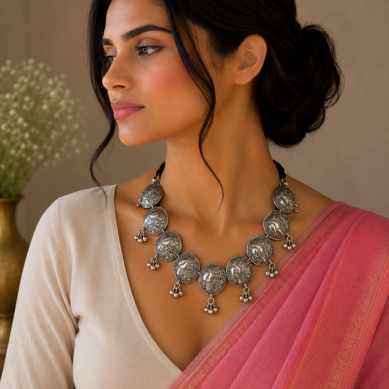 Sterling silver bird design vintage-style charm necklace and choker, tribal ethnic belly dance jewelry, ideal brides gift set