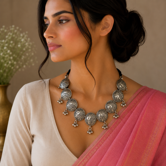 Sterling silver bird design vintage-style charm necklace and choker, tribal ethnic belly dance jewelry, ideal brides gift set