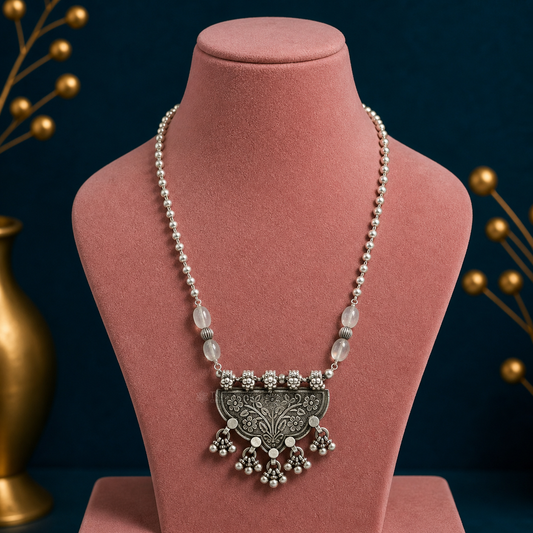 Silver 925 sterling beaded long necklace with 4mm beads, traditional tribal jewelry design by TRIBAL ORNAMENTS.