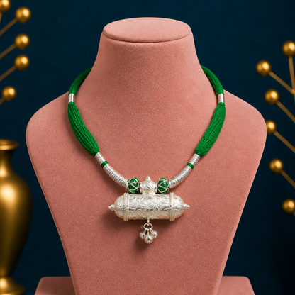 Sterling silver ethnic tribal pendant with green thread necklace, traditional choker jewelry set for brides, handmade tribal ornament.