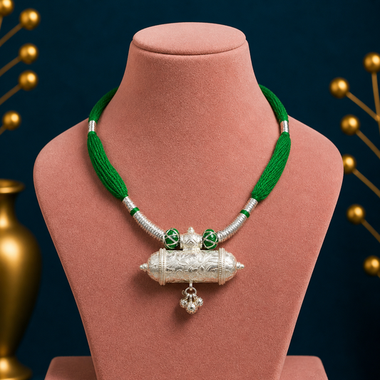 Sterling silver ethnic tribal pendant with green thread necklace, traditional choker jewelry set for brides, handmade tribal ornament.