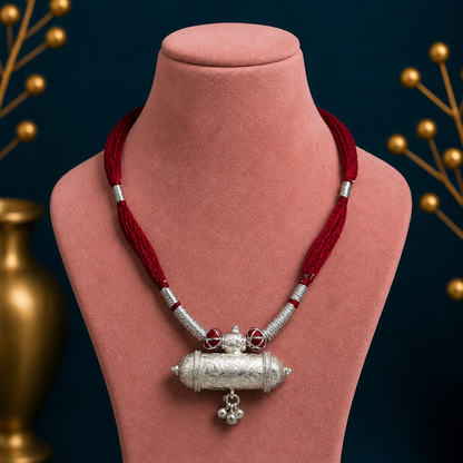 925 Sterling silver ethnic tribal pendant with dark red thread necklace, traditional choker for brides, handmade tribal jewelry set.