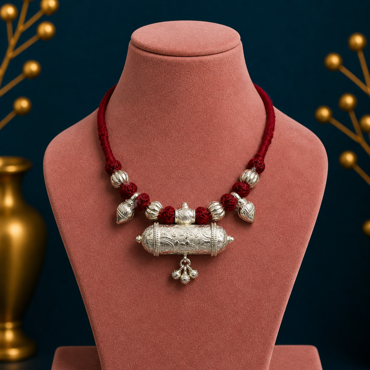 Sterling silver ethnic tribal pendant with intricate designs, paired with a traditional thread choker necklace in a bridal jewelry set.