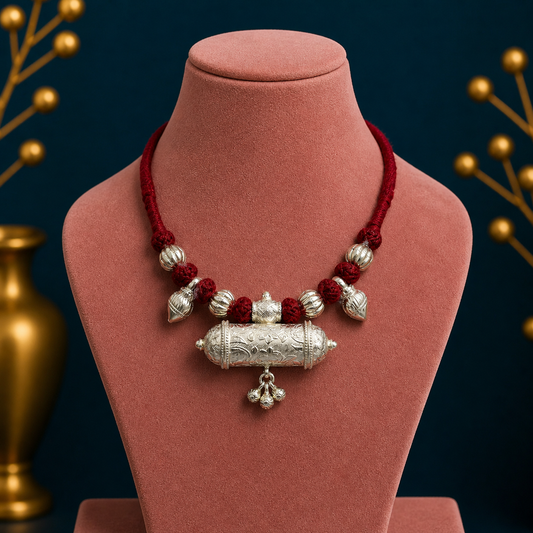 Sterling silver ethnic tribal pendant with intricate designs, paired with a traditional thread choker necklace in a bridal jewelry set.