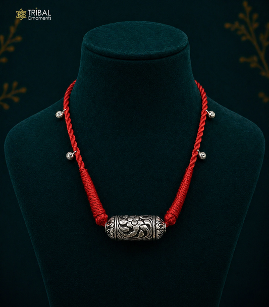 Sterling silver Rajasthani traditional stylish necklace choker with intricate Guttapusalu design, ideal for bridal or belly dance jewelry.