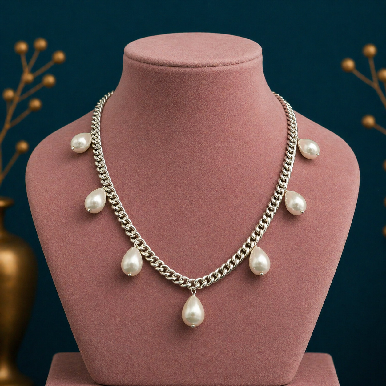 Sterling silver handmade charm curb Cuban link chain necklace with hanging pearl, stylish bridesmaid jewelry by TRIBAL ORNAMENTS
