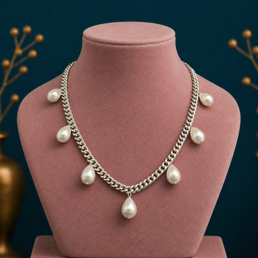 Sterling silver handmade charm curb Cuban link chain necklace with hanging pearl, stylish bridesmaid jewelry by TRIBAL ORNAMENTS