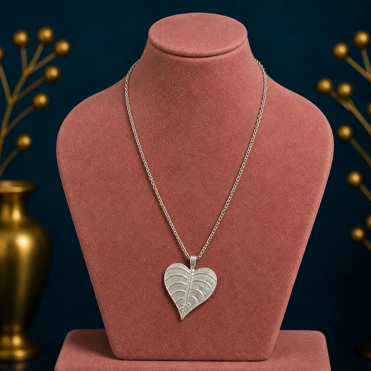 Sterling silver heart-shaped peepal tree leaves pendant necklace with matching hoops earrings, customized bridal and belly dance jewelry.