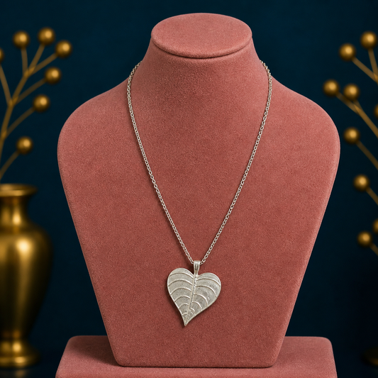 Sterling silver heart-shaped peepal tree leaves pendant necklace with matching hoops earrings, customized bridal and belly dance jewelry.