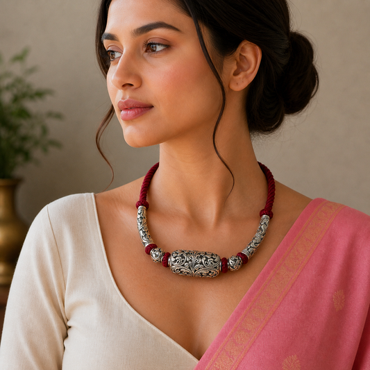 Sterling silver beaded necklace with modern, stylish design, ideal for brides, weddings, and ethnic tribal jewelry sets.