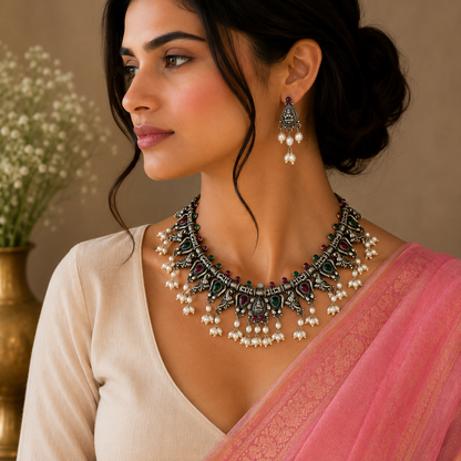 925 silver Goddess Laxmi necklace with hanging pearls, vintage tribal style jewelry for brides or belly dance performances.