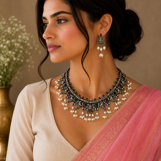 925 silver Goddess Laxmi necklace with hanging pearls, vintage tribal style jewelry for brides or belly dance performances.
