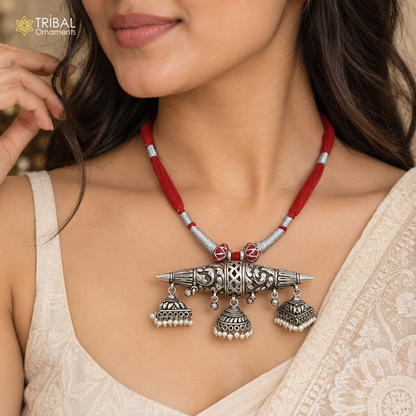 925 sterling silver chitai work drop dangle amulet style thread (dori) necklace traditional jewelry set911
