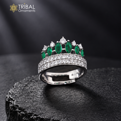925 sterling silver crown-style CZ stone ring by TRIBAL ORNAMENTS, showcasing intricate crown design with sparkling stones.