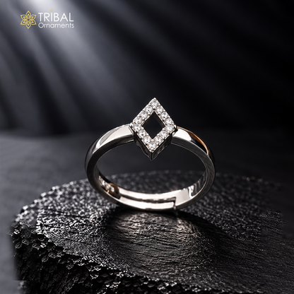 Sterling silver stylish design CZ stone ring by TRIBAL ORNAMENTS featuring a polished band and sparkling central stone.