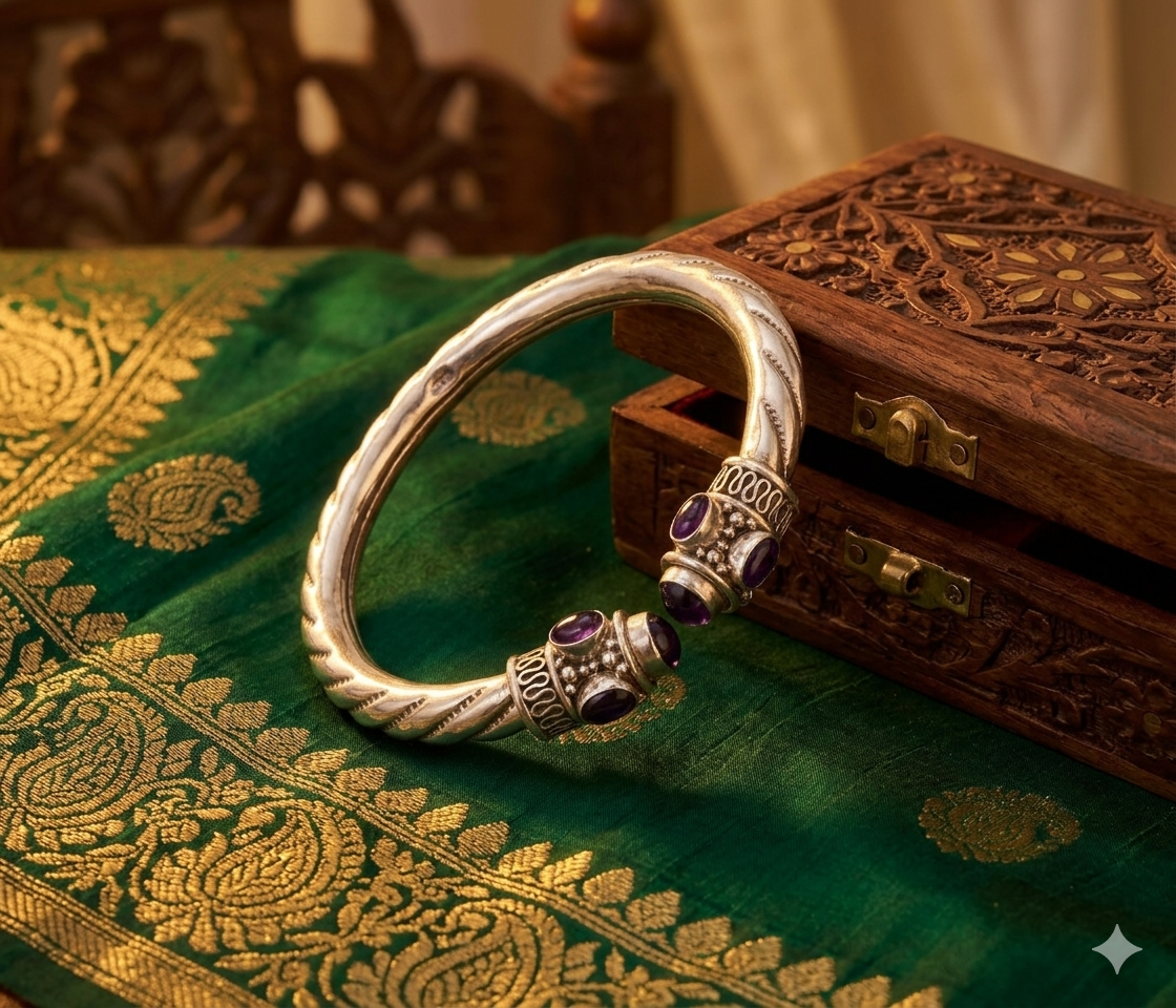 Sterling silver vintage-style purple amethyst gemstone bangle cuff bracelet by TRIBAL ORNAMENTS, unisex jewelry design.
