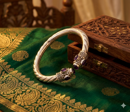 Sterling silver vintage-style purple amethyst gemstone bangle cuff bracelet by TRIBAL ORNAMENTS, unisex jewelry design.