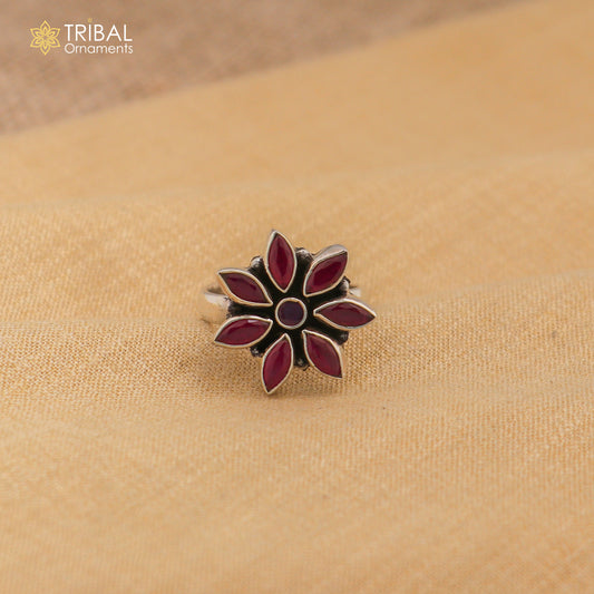 925 sterling silver cut stone purple red flower design ring adjustable for all sizes best girl's gifting  ring sr349