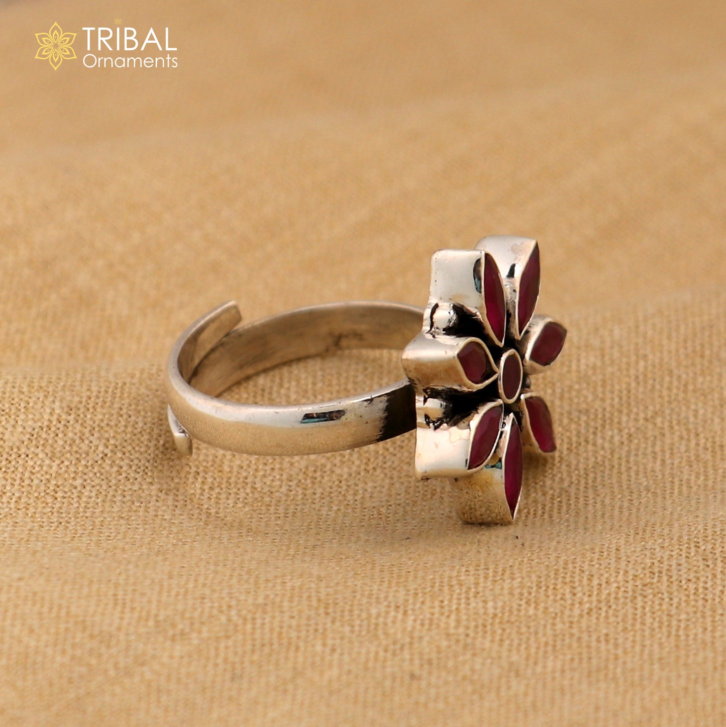 925 sterling silver cut stone purple red flower design ring adjustable for all sizes best girl's gifting  ring sr349