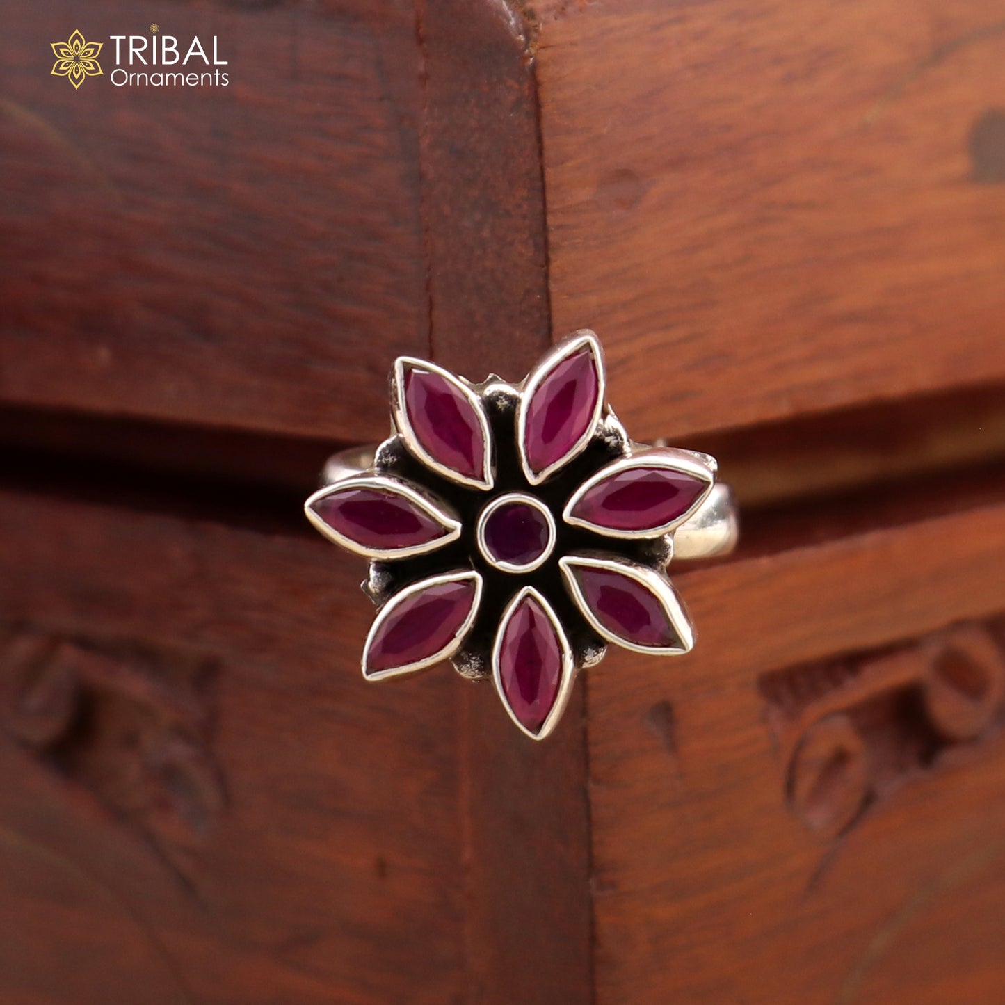 925 sterling silver cut stone purple red flower design ring adjustable for all sizes best girl's gifting  ring sr349