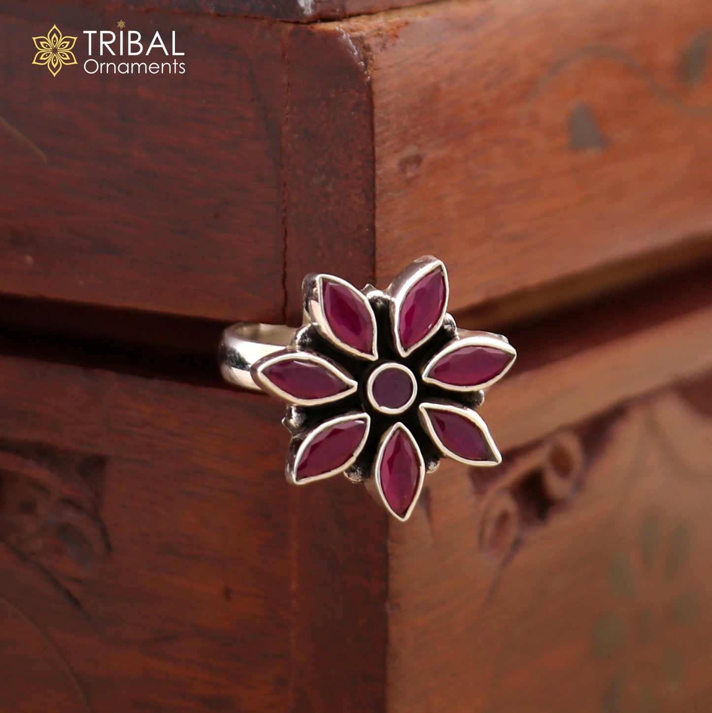 925 sterling silver cut stone purple red flower design ring adjustable for all sizes best girl's gifting  ring sr349