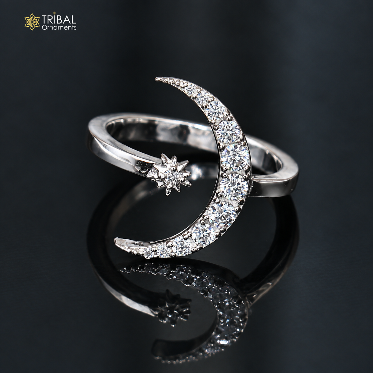 925 sterling silver moon with star design cz stone ring sr837