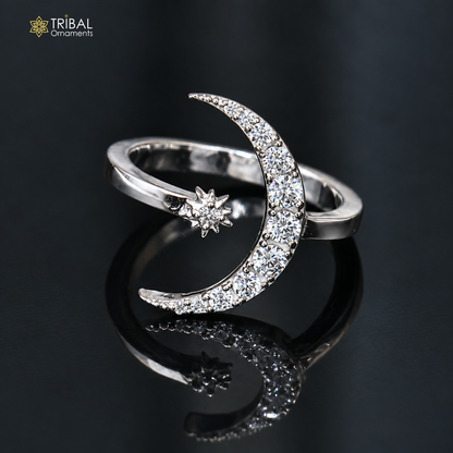 925 sterling silver moon with star design cz stone ring sr837