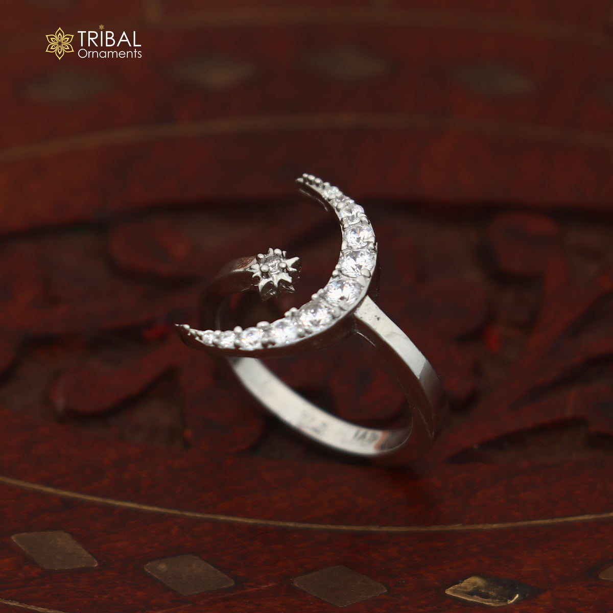 925 sterling silver moon with star design cz stone ring sr837