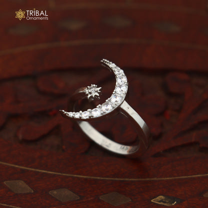 925 sterling silver moon with star design cz stone ring sr837