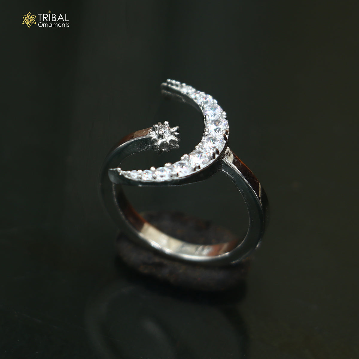 925 sterling silver moon with star design cz stone ring sr837