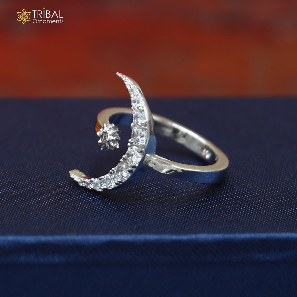 925 sterling silver moon with star design cz stone ring sr837
