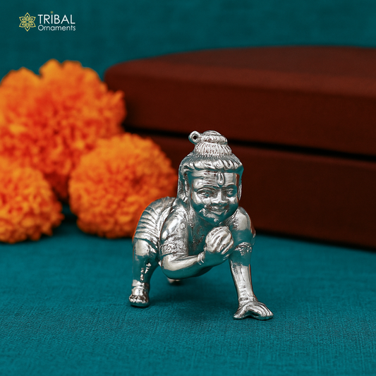 925 Solid silver handmade idol little krishna, Ladu Gopala, crawling Krishna small statue sculpture home temple puja art, utensils art587