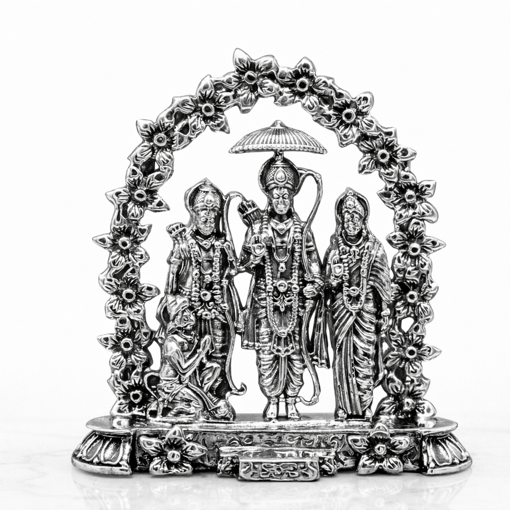 925 silver handmade Hindu Ram Laxman Sita Hanuman blessing statue with floral arch, divine Ram Darbar figurine for puja rituals