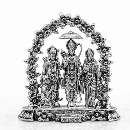 925 silver handmade Hindu Ram Laxman Sita Hanuman blessing statue with floral arch, divine Ram Darbar figurine for puja rituals