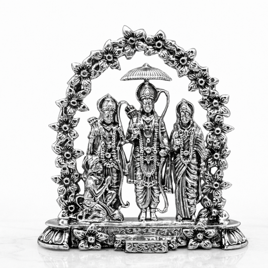 925 silver handmade Hindu Ram Laxman Sita Hanuman blessing statue with floral arch, divine Ram Darbar figurine for puja rituals