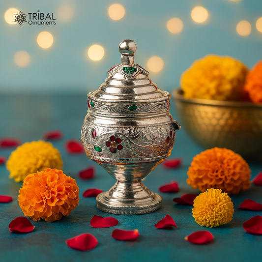 Vintage antique design Solid silver handmade trinket box, God serving Prasad container box, Kumkum box, Sindur box, best brides gift stb125