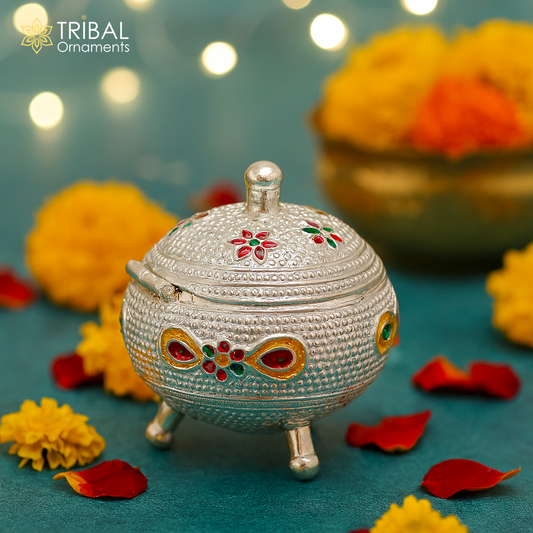 925 Sterling silver handmade fabulous trinket box, solid container box, casket box, sindoor box, enamel work customized gifting box stb186
