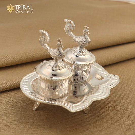 925 sterling silver handmade fabulous peacock design combo of two trinket box for kumkum sindur abil gulal rice best puja article stb826