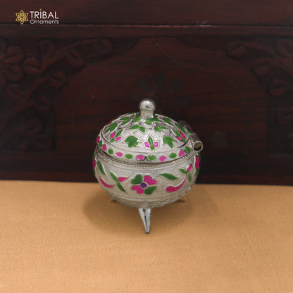 925 Sterling silver fabulous meenakari design trinket box, container box, sindoor customized box stb912