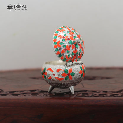 925 Sterling silver fabulous meenakari design trinket box, container box, sindoor customized box stb913