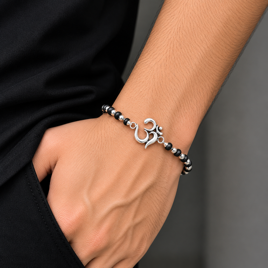 925 sterling silver OM design Rudraksha or Tulsi beaded bracelet rakhi rk189
